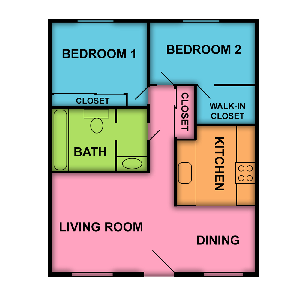 This image is the visual schematic floorplan representation of Plan B at Casa Del Sol Apartments
