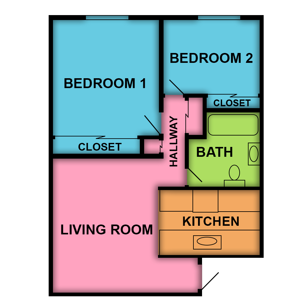 This image is the visual schematic floorplan representation of Plan A at Villa De La Rosa Apartments