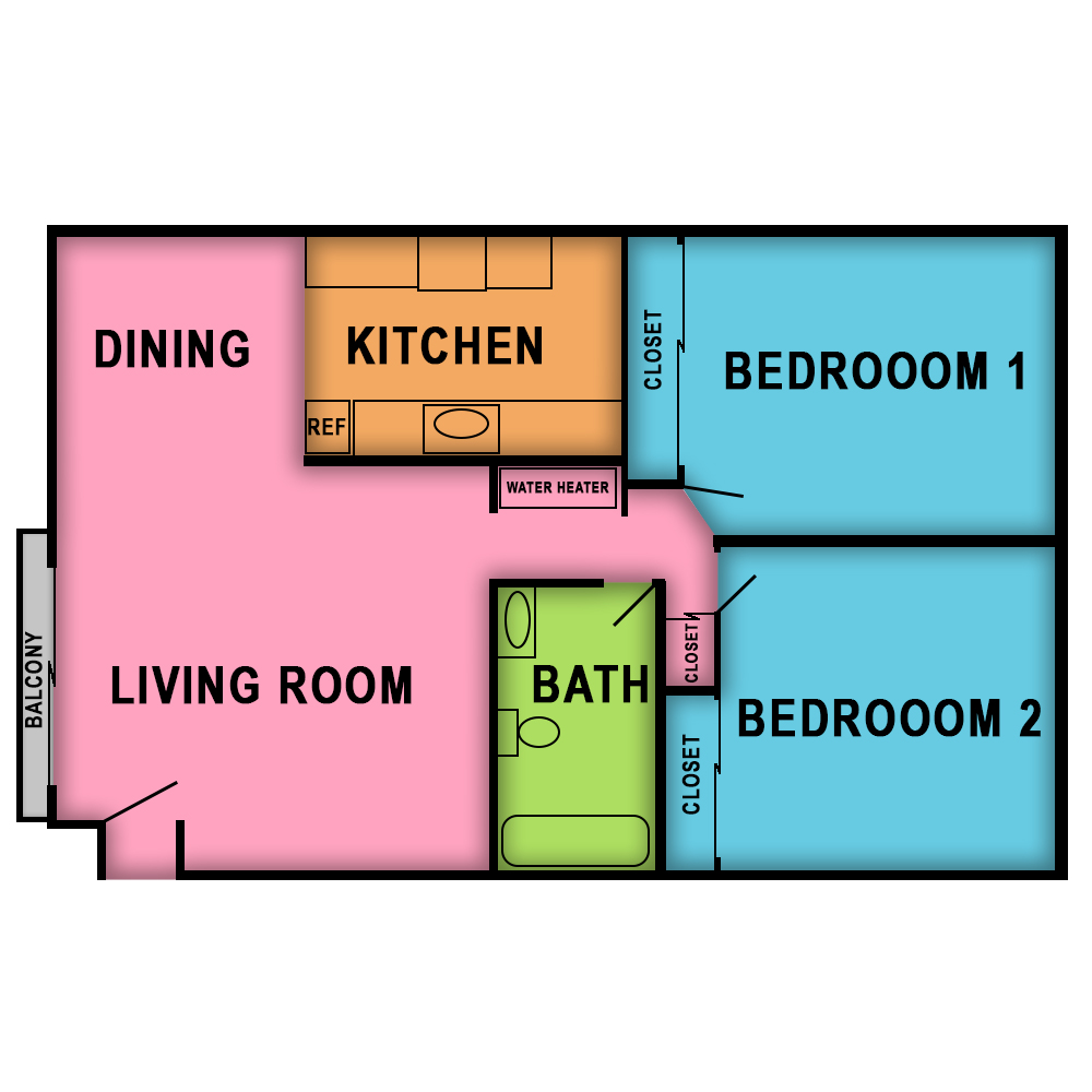 This image is the visual schematic floorplan representation of Plan B at Village Square Apartments