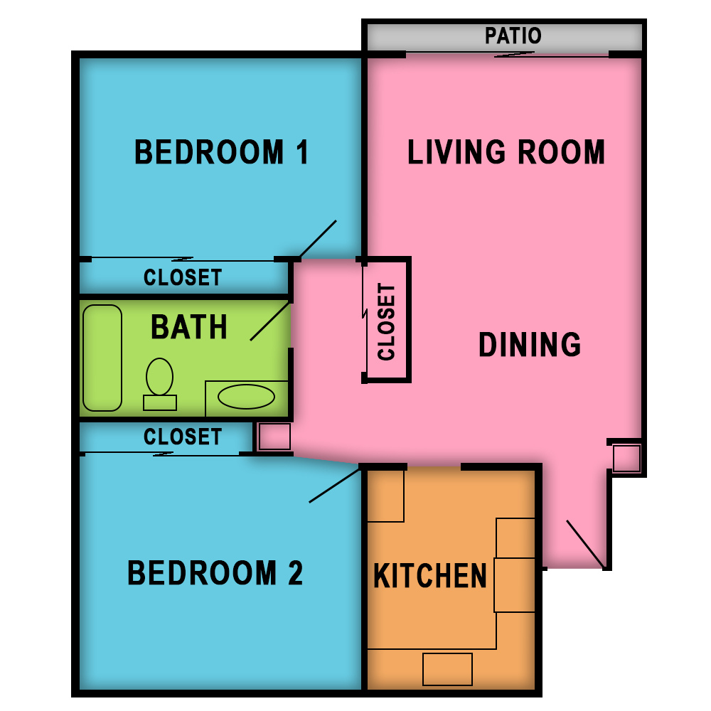 This image is the visual schematic floorplan representation of Plan D at Village Square Apartments
